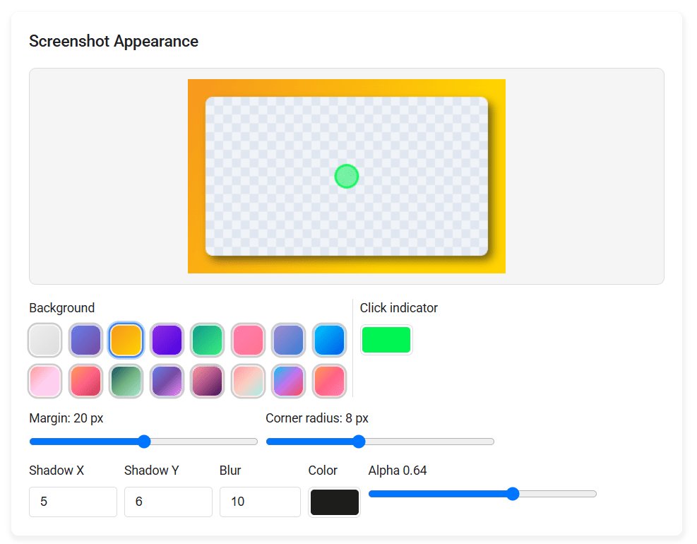 Options page showing live preview and styling controls for screenshot appearance
