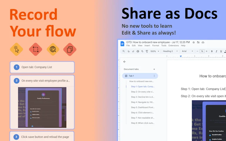 Step-by-step documentation being created in Google Docs - showing automatic screenshots and instructions